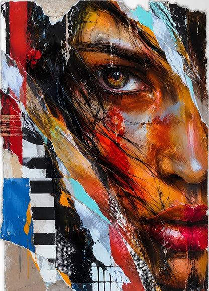 Portrait féminin fragmenté avec regard intense et textures graphiques création exclusive Iconik-Art
