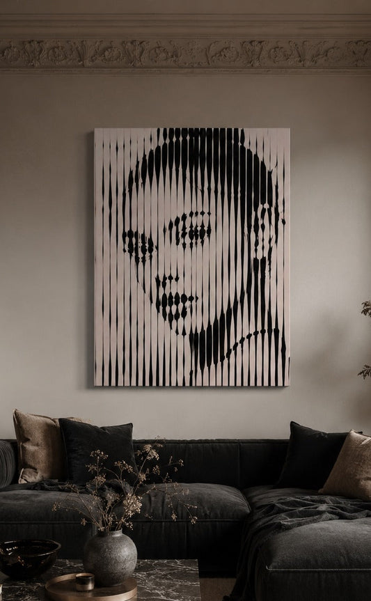 Portrait féminin minimaliste intégré dans un salon contemporain à la décoration épurée création exclusive Iconik-Art
