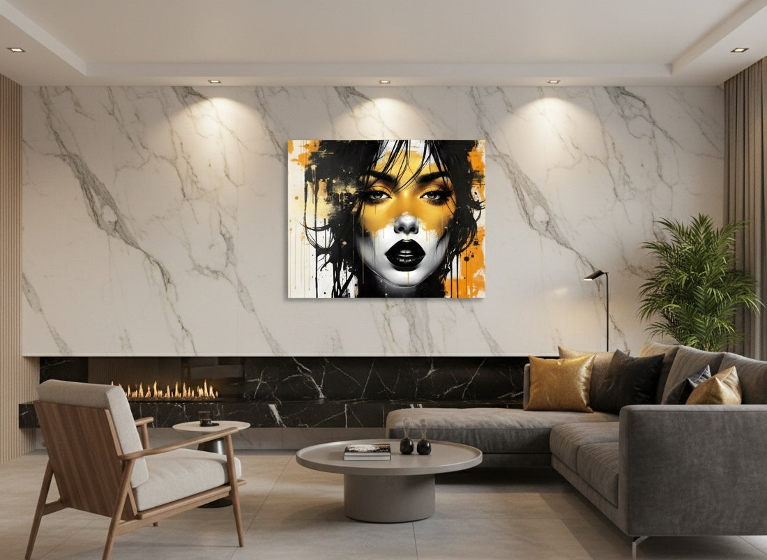 Tableau portrait contemporain féminin décoratif noir et or
