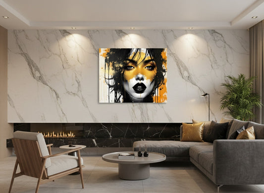 Tableau portrait contemporain féminin décoratif noir et or
