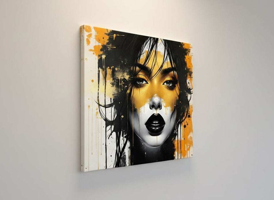 Détail du visage féminin en noir et or style figuration contemporaine
