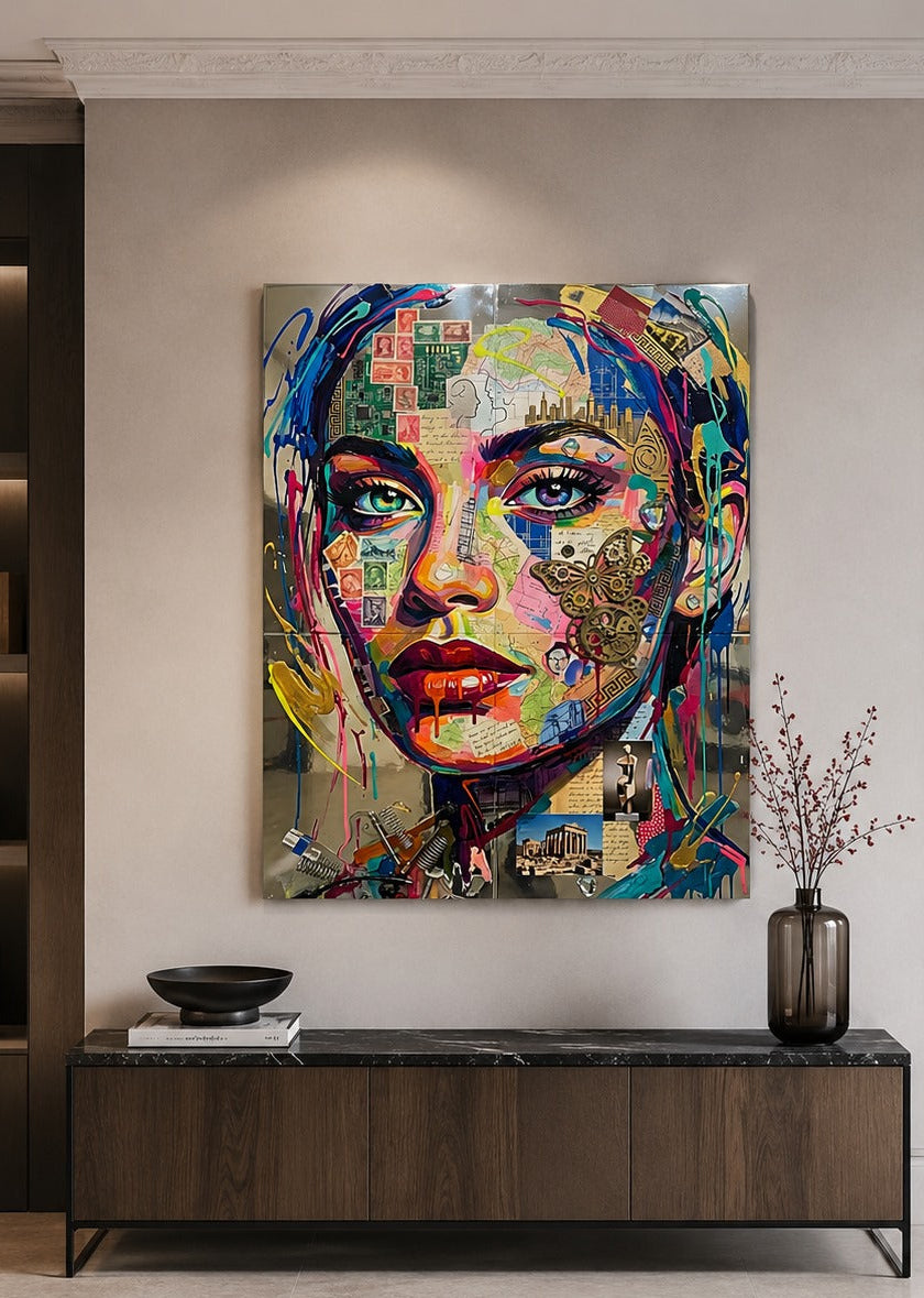 Tableau portrait féminin pop art installé dans un salon contemporain création exclusive Iconik-Art
