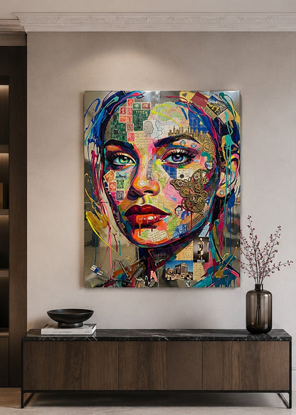 Tableau portrait féminin pop art installé dans un salon contemporain création exclusive Iconik-Art
