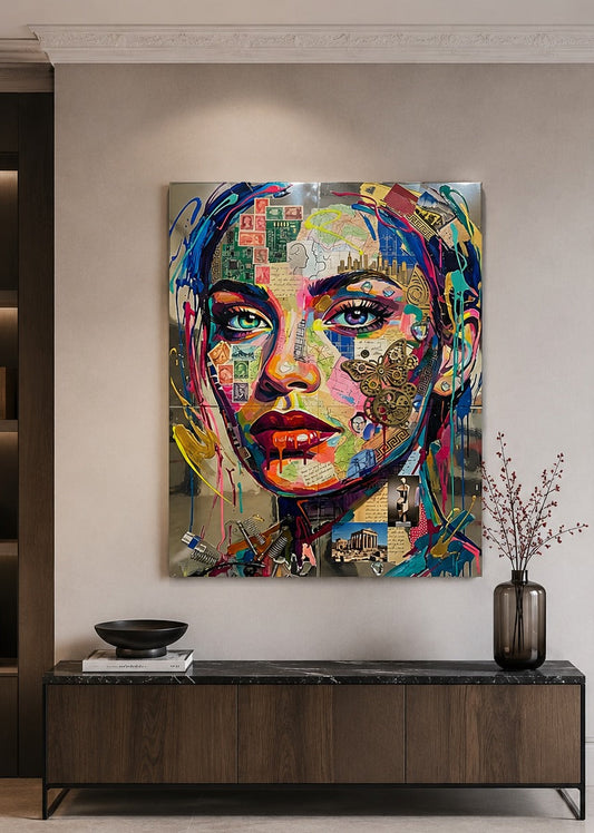 Tableau portrait féminin pop art installé dans un salon contemporain création exclusive Iconik-Art
