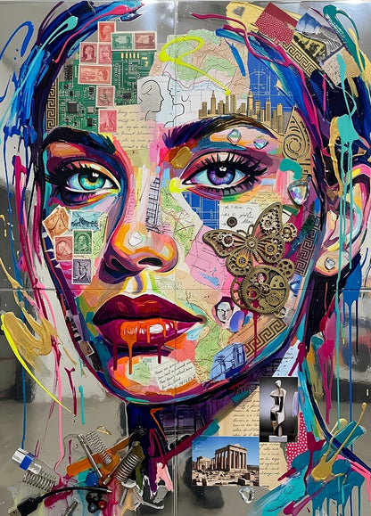 Portrait féminin pop art composé de collages artistiques colorés création exclusive Iconik-Art
