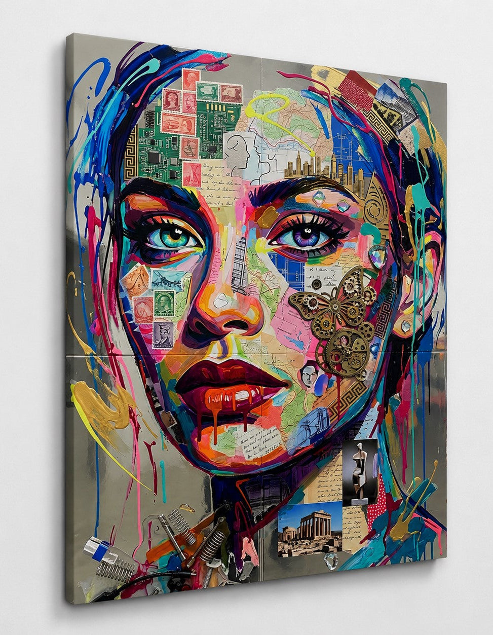 Vue de profil du portrait féminin révélant les détails des collages et la qualité d'impression premium
