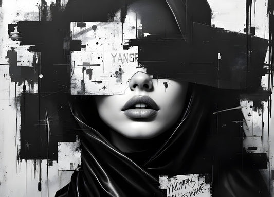 Tableau portrait femme noir et blanc abstrait avec effets graphiques urbains et textures contemporaines.
