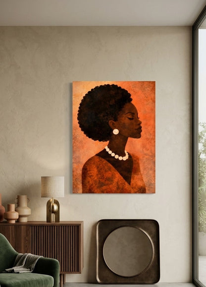 Portrait femme afro dans un salon contemporain aux tons naturels, création exclusive fabriquée en France par Iconik-Art
