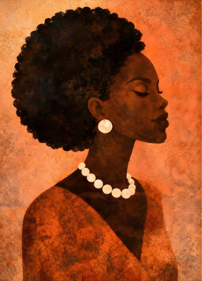 Tableau portrait femme afro aux tons terracotta avec bijoux nacrés, création exclusive Iconik-Art
