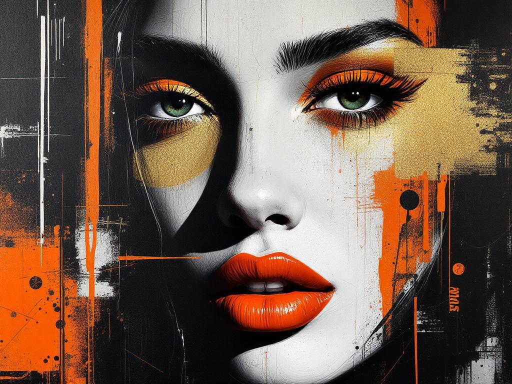 Portrait femme yeux verts maquillage orange art contemporain graphique moderne
