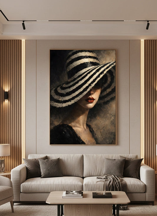 Tableau portrait femme chic installé dans salon élégant ambiance décoration murale moderne
