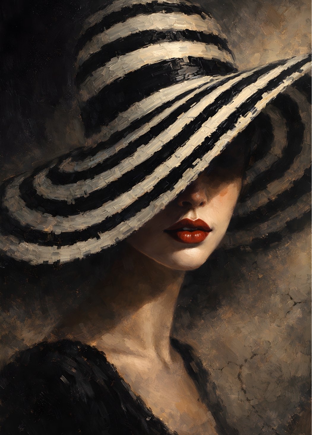Tableau portrait femme chapeau rayé noir blanc lèvres rouges décoration murale contemporaine raffinée

