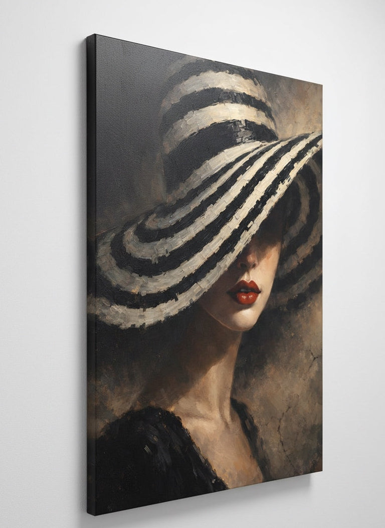Vue profil tableau portrait femme chapeau sur châssis impression haute définition design contemporain
