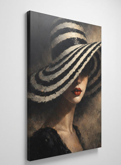 Vue profil tableau portrait femme chapeau sur châssis impression haute définition design contemporain

