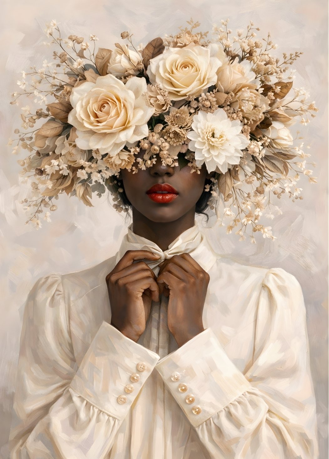 Tableau portrait femme couronne florale ivoire décoration murale contemporaine élégante et artistique

