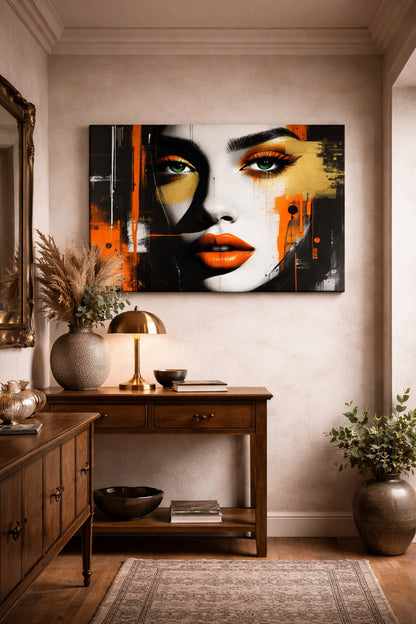 Portrait femme accroché dans salon moderne décoration murale contemporaine
