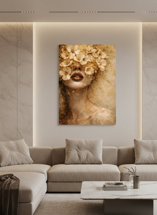 Tableau portrait femme doré installé dans salon élégant ambiance décoration contemporaine chaleureuse
