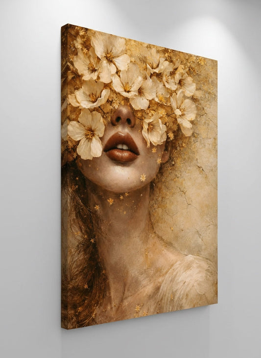 Vue profil tableau portrait femme fleurs sur châssis impression haute définition artistique
