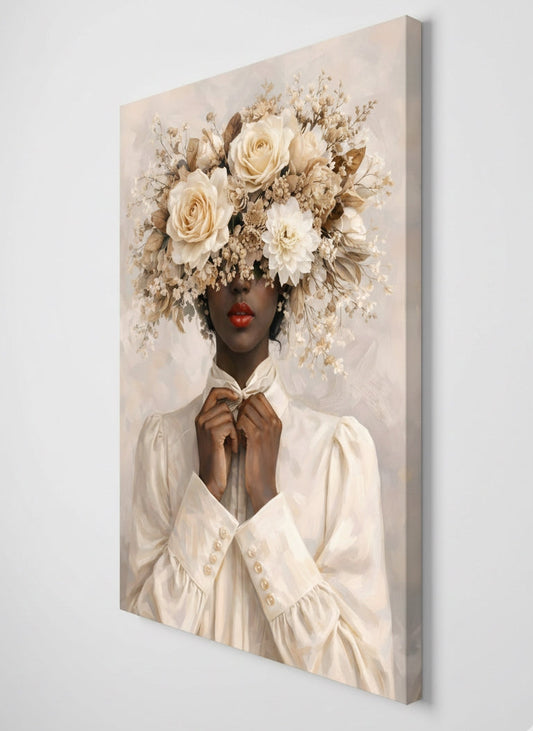 Vue profil tableau portrait femme floral sur châssis impression haute définition design contemporain
