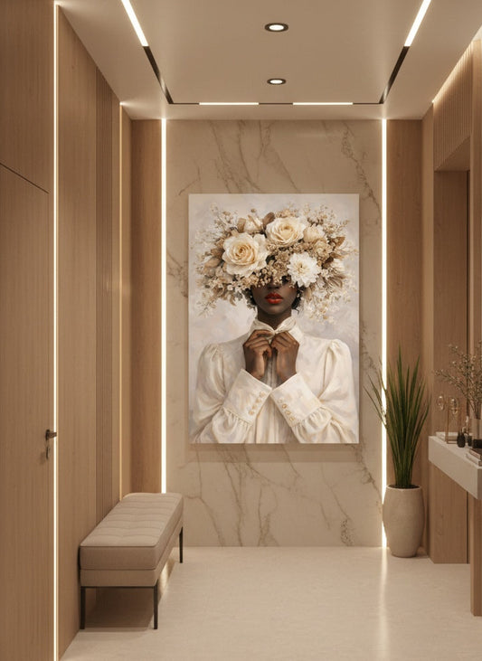 Tableau portrait femme floral installé dans salon élégant ambiance décoration murale raffinée
