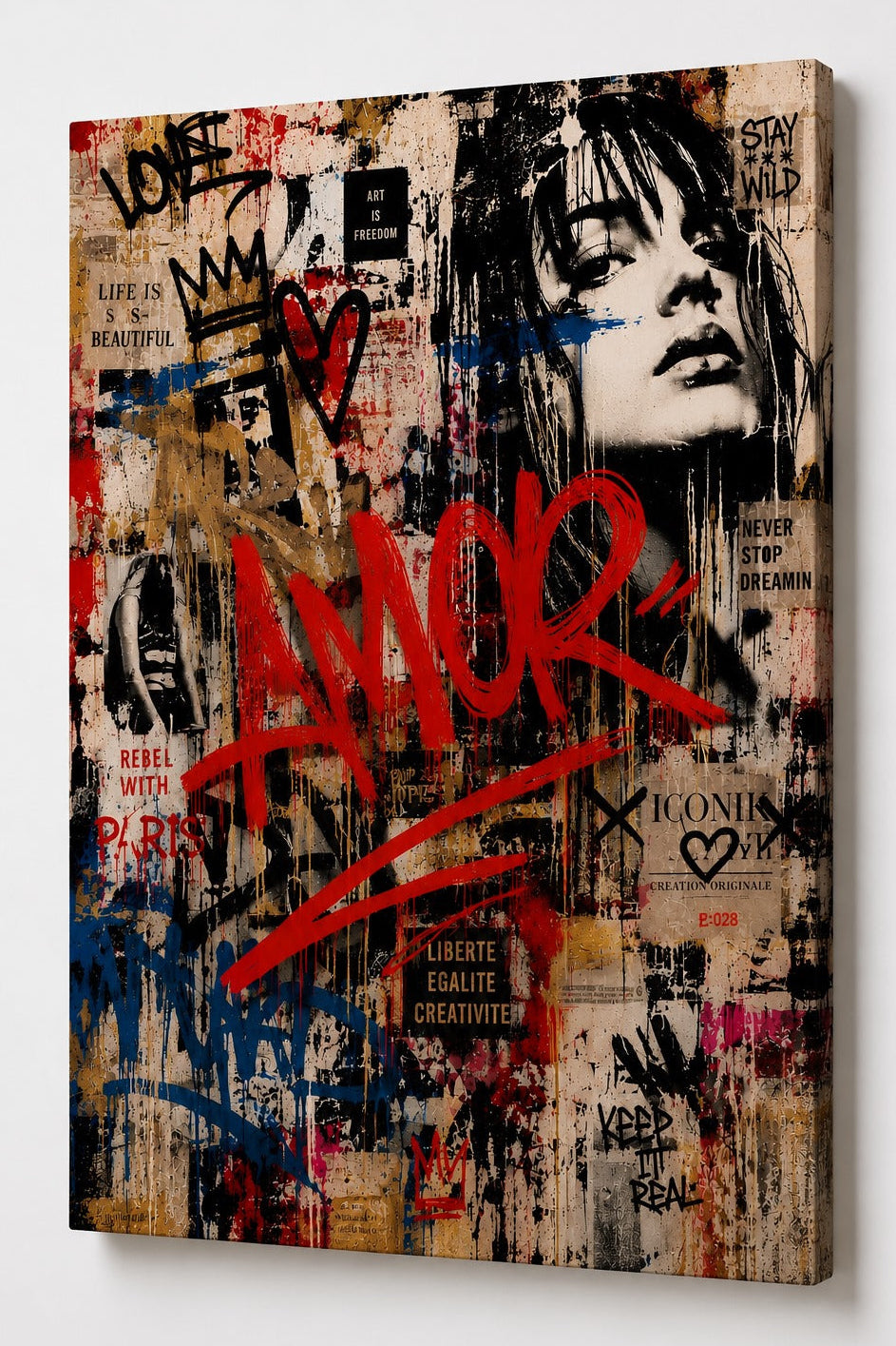 Portrait féminin street art en noir et blanc entouré de graffiti rouges, textures dorées et inscriptions urbaines contemporaines
