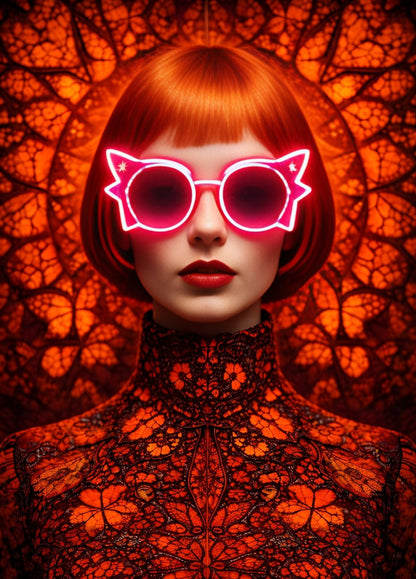 Tableau portrait femme lunettes néon étoile rouge style artistique contemporain et lumière néon
