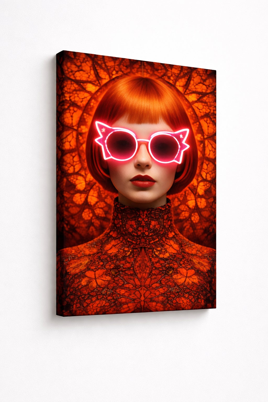 Vue toile tableau portrait femme lunettes néon étoile rouge impression murale moderne
