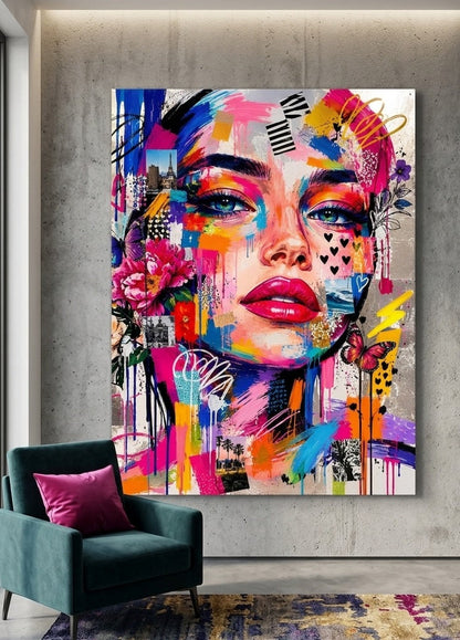 Portrait femme pop art installé dans un salon contemporain création exclusive fabriquée en France par Iconik-Art
