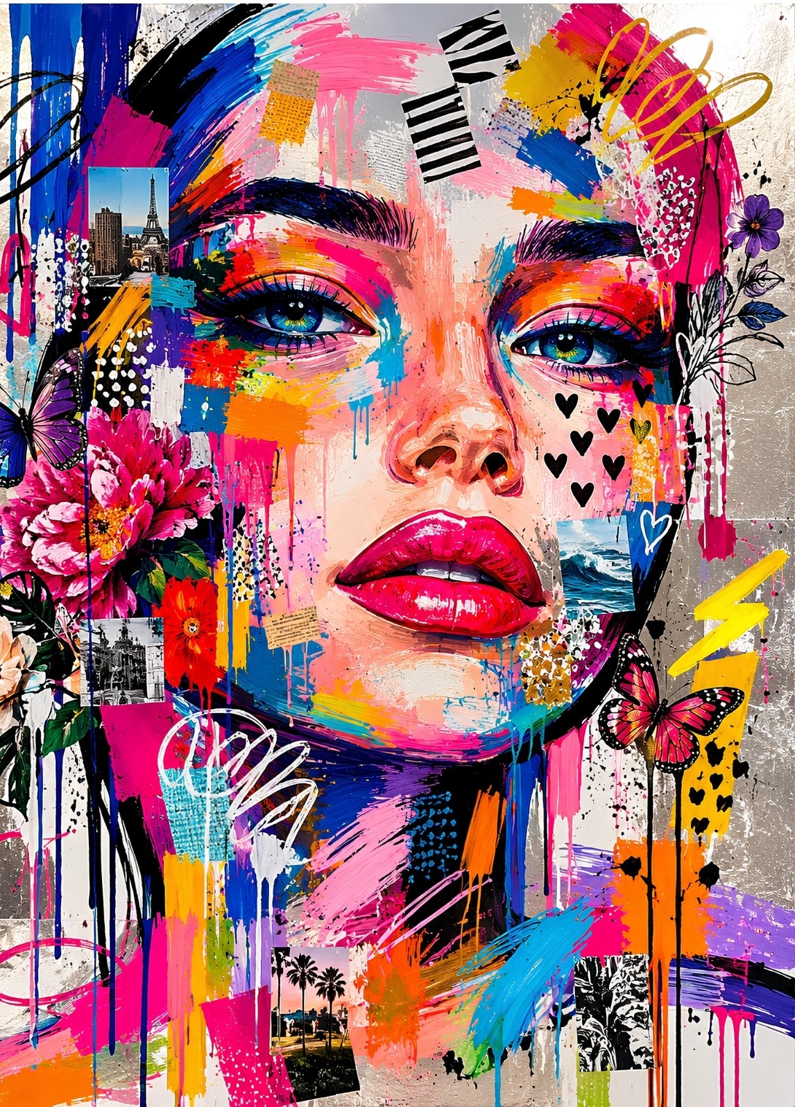 Portrait féminin pop art coloré avec collages, fleurs et papillons création exclusive Iconik-Art
