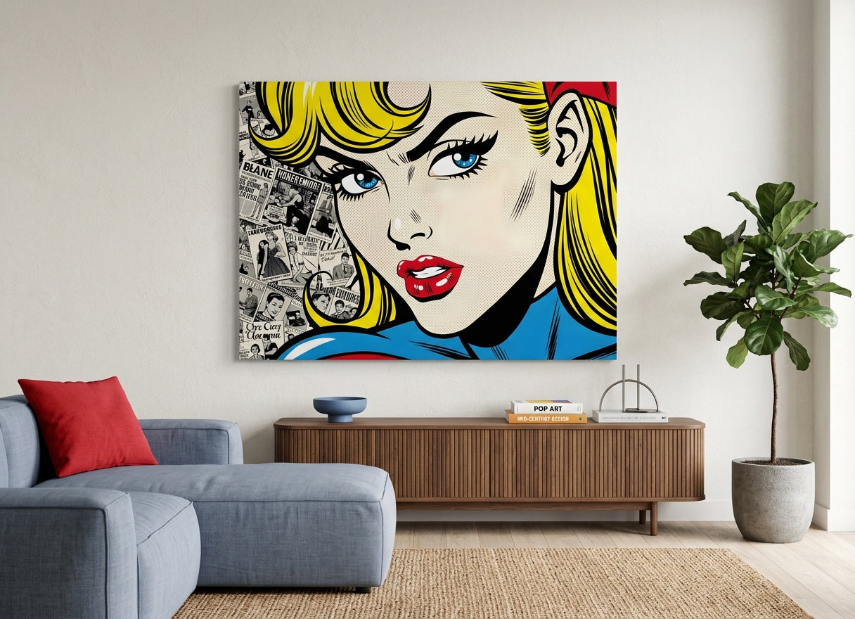 Portrait femme pop art accroché dans intérieur moderne décoration murale rétro

