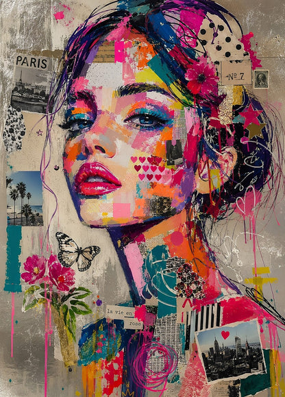 Portrait femme pop art coloré avec collages artistiques, fleurs et papillon, création exclusive Iconik-Art
