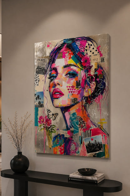 Portrait femme pop art installé dans un salon contemporain, création exclusive fabriquée en France par Iconik-Art
