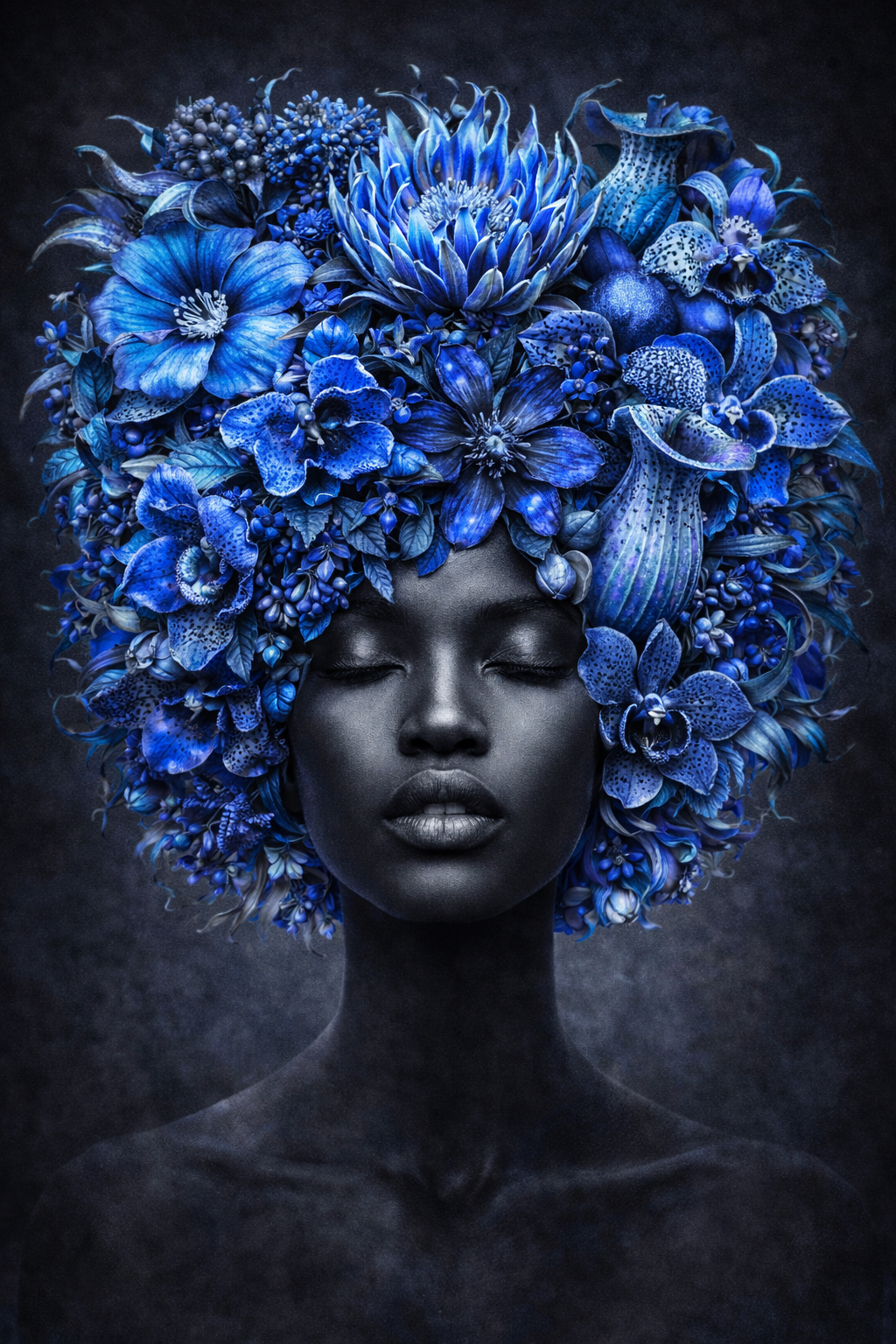 Tableau Portrait Floral Bleu : visage serein entouré d’une couronne de fleurs bleues, création exclusive Iconik-Art.