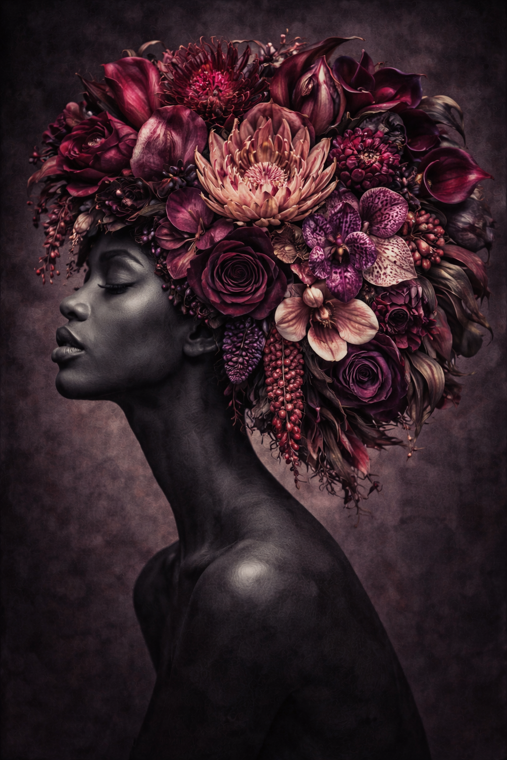 Tableau Portrait Floral Pourpre : profil féminin entouré d’une couronne de fleurs pourpres et roses, création exclusive Iconik-Art.