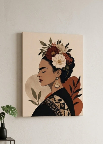 Tableau Frida Kahlo bohème sur châssis entoilé présenté de profil
