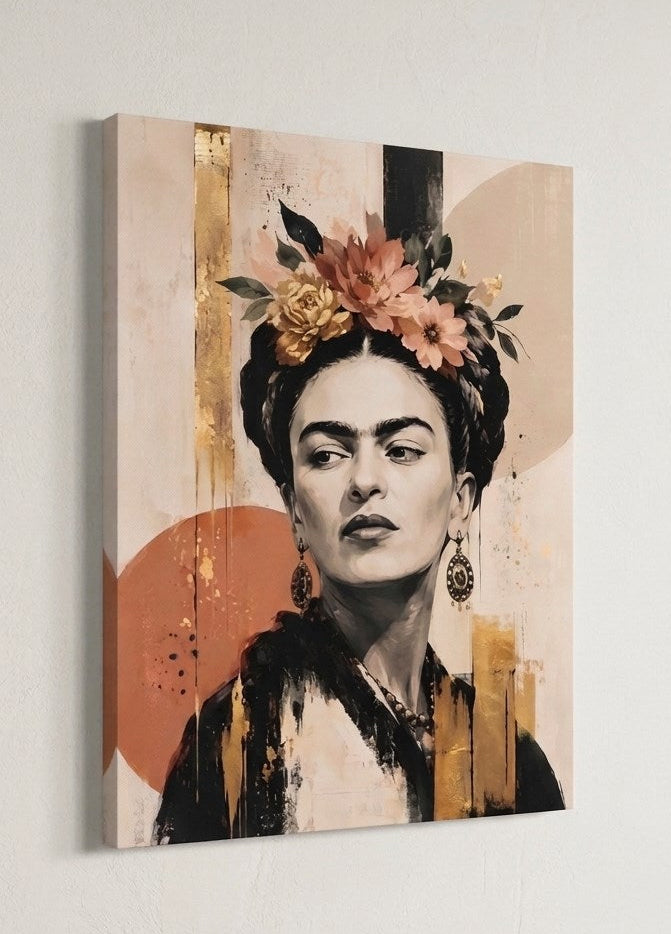 Portrait de Frida Kahlo imprimé sur toile et présenté de profil sur châssis bois
