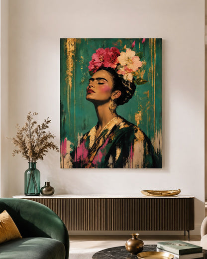 Tableau portrait de femme façon Frida Kahlo vert et floral présenté dans un salon contemporain
