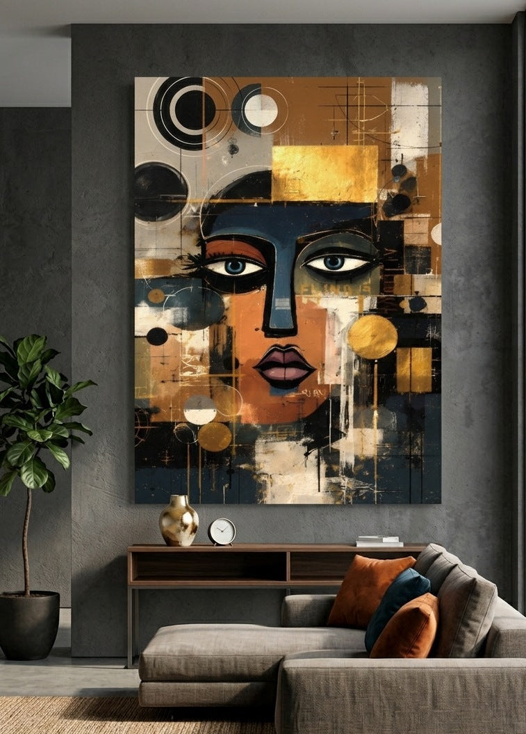 Portrait graphique contemporain accroché dans un salon chic, décoration murale élégante aux tons dorés et contrastés.
