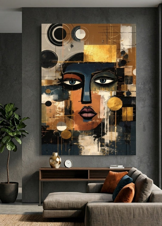 Portrait graphique contemporain accroché dans un salon chic, décoration murale élégante aux tons dorés et contrastés.
