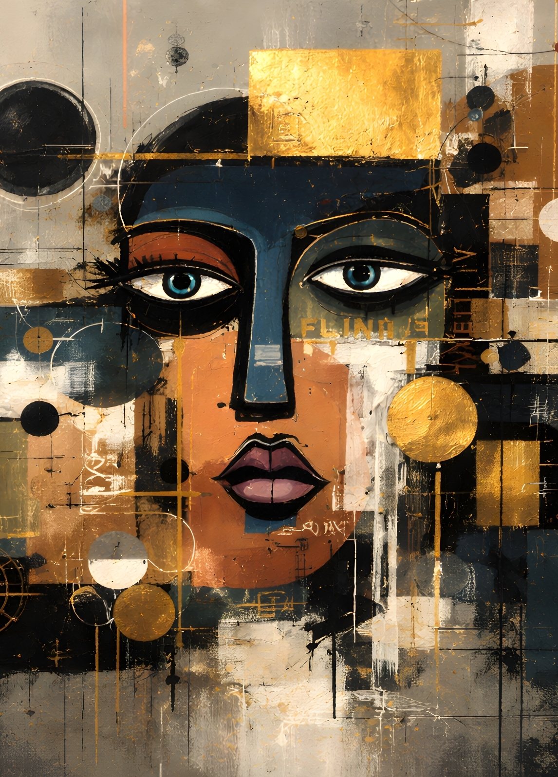 Tableau portrait contemporain visage féminin stylisé avec accents dorés, composition graphique élégante et moderne.
