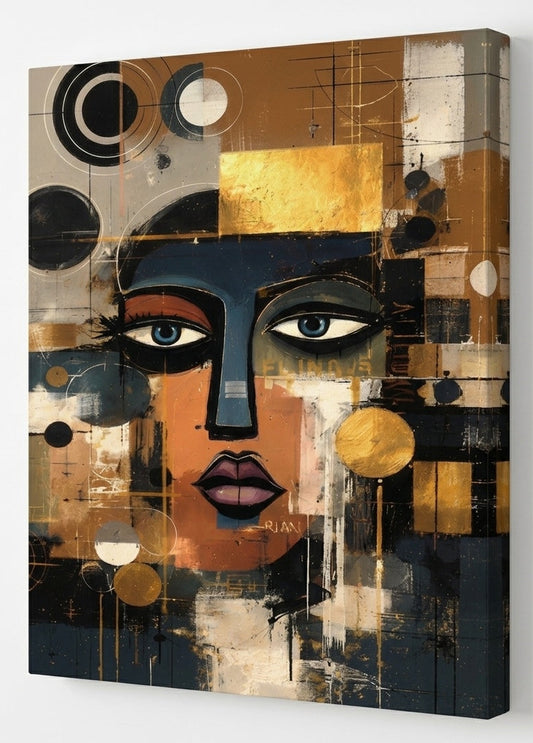 Vue de profil sur toile d’un portrait graphique contemporain, détails des textures et impression haute définition.
