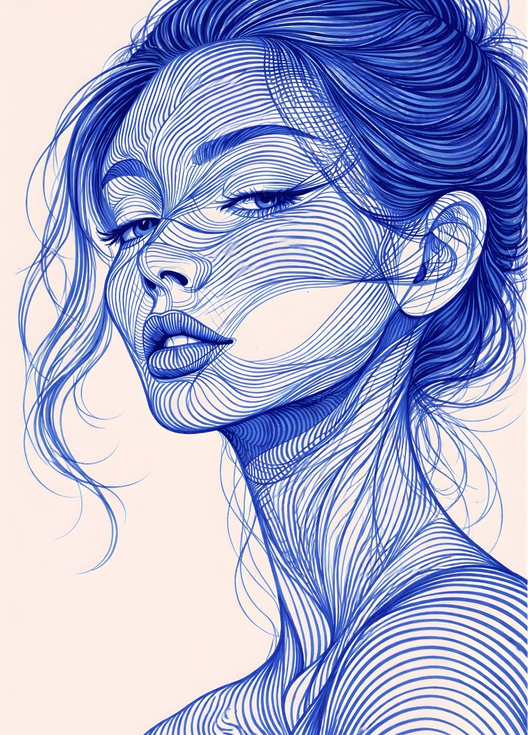 Portrait féminin tracé lignes bleues style graphique contemporain pour décoration murale moderne

