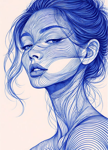 Portrait féminin tracé lignes bleues style graphique contemporain pour décoration murale moderne
