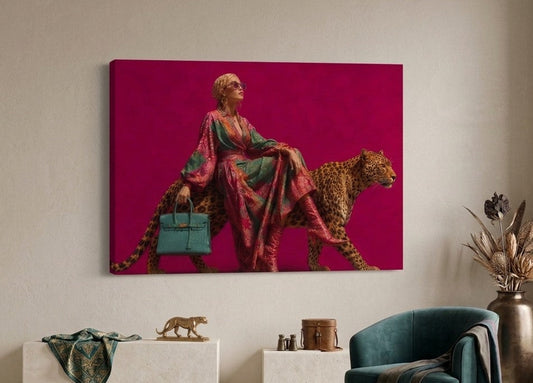 Tableau figuratif montrant une femme élégante en robe colorée assise sur un léopard, dans une composition artistique rose intense
