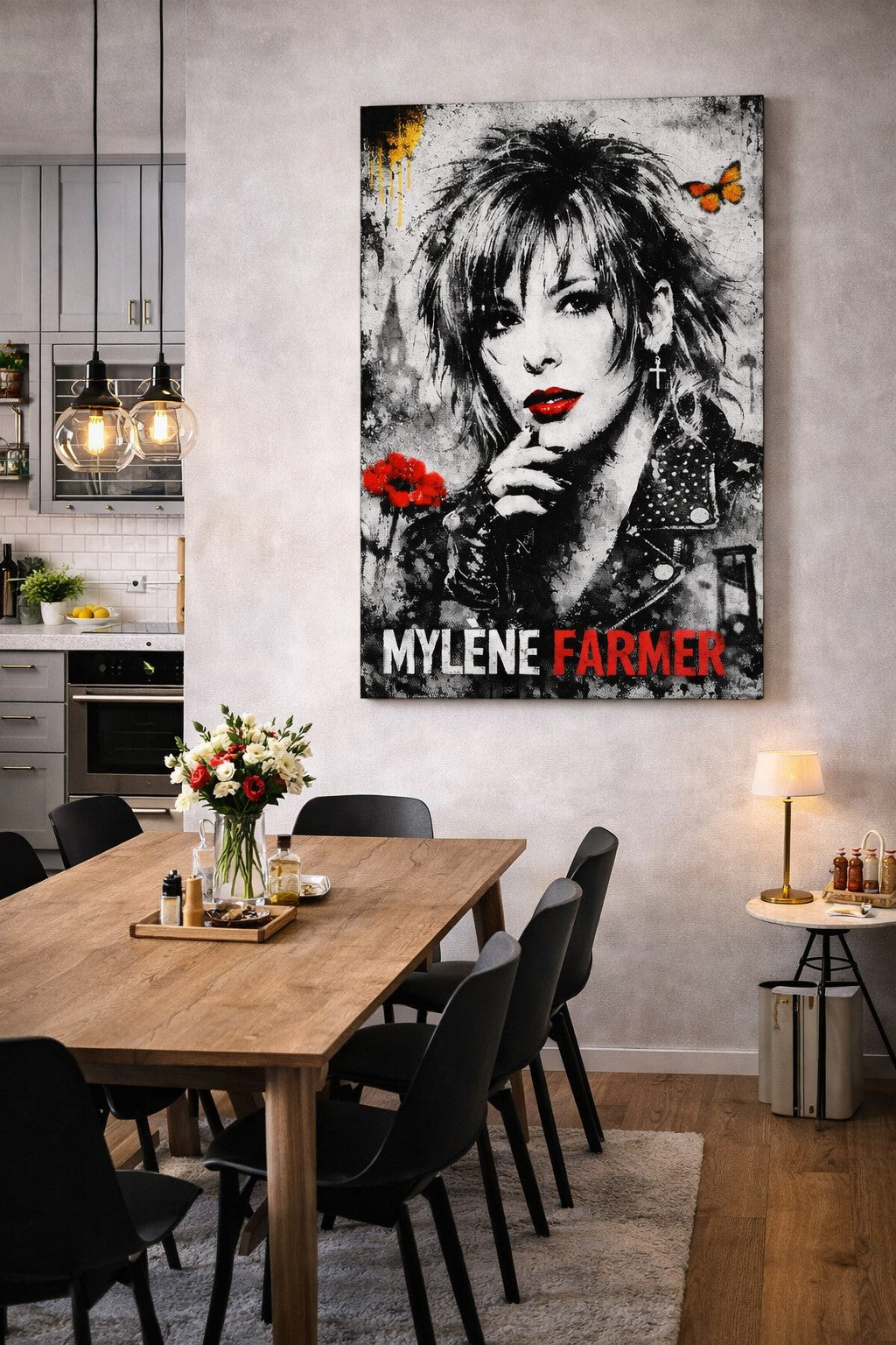Portrait Mylène Farmer street art accroché dans salon moderne décoration murale pop culture
