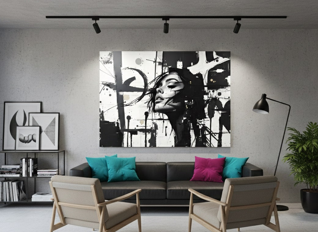 Tableau contemporain noir et blanc portrait féminin abstrait lignes graphiques style moderne exclusif Iconik-Art
