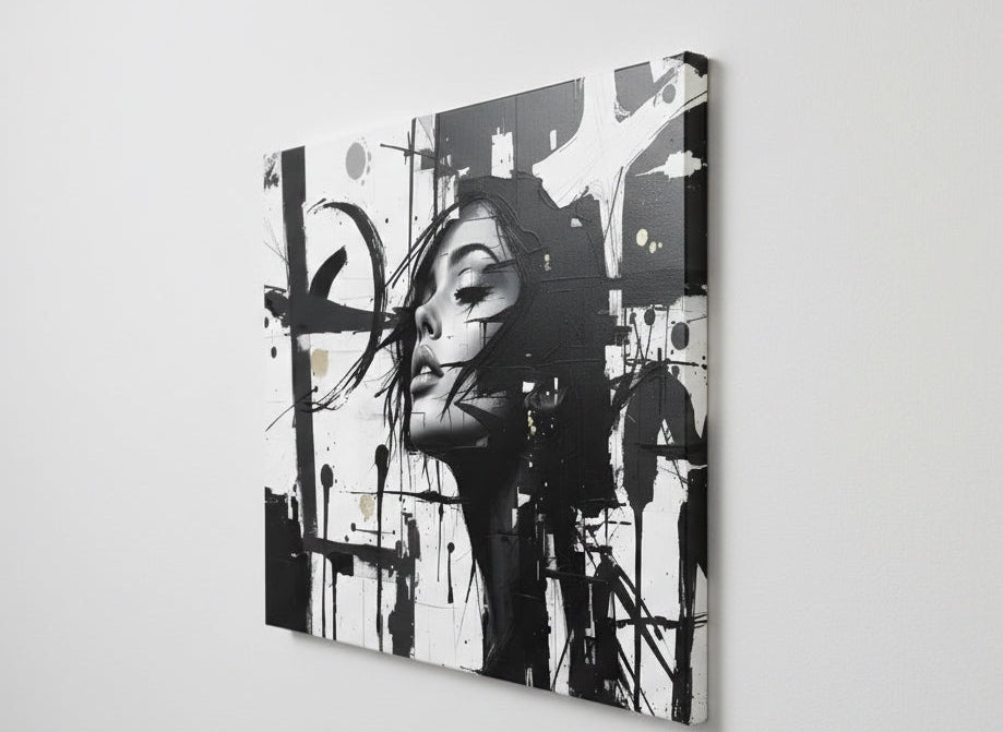 Tableau mural noir et blanc intégré dans salon moderne décoration murale minimaliste chic
