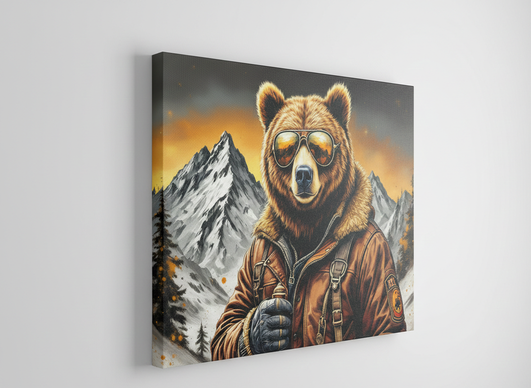 Portrait d’ours humanisé au style décalé avec montagnes en arrière-plan
