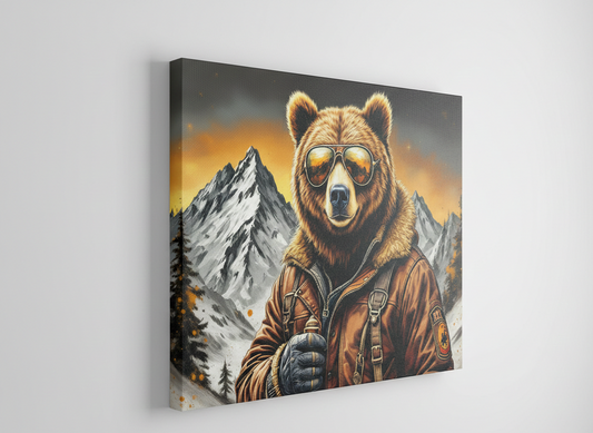 Portrait d’ours humanisé au style décalé avec montagnes en arrière-plan
