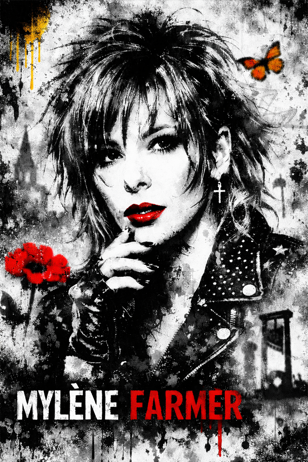 Portrait artistique Mylène Farmer style street art noir blanc et rouge graffiti urbain création Iconik-Art
